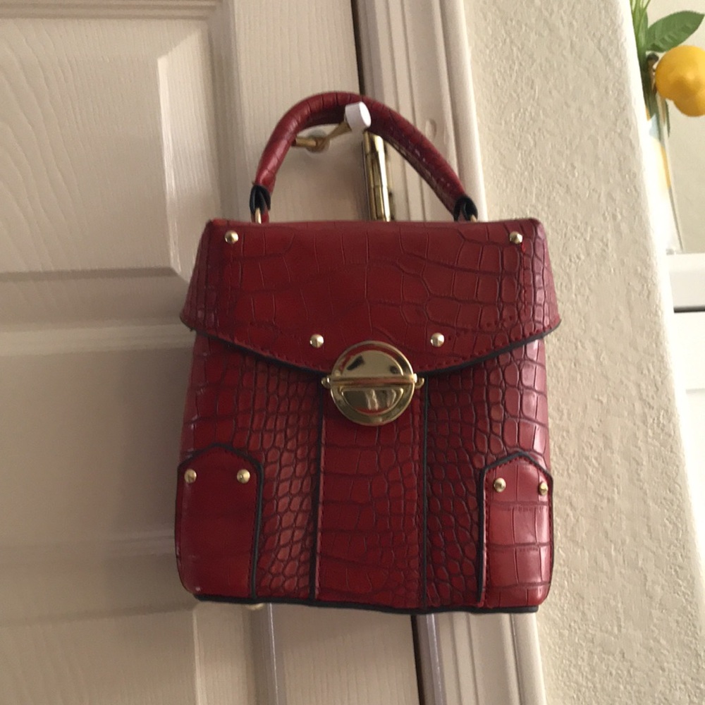 Top-Handle Croc-Embossed Red Satchel with Gold Hardware - Picture 11 of 11